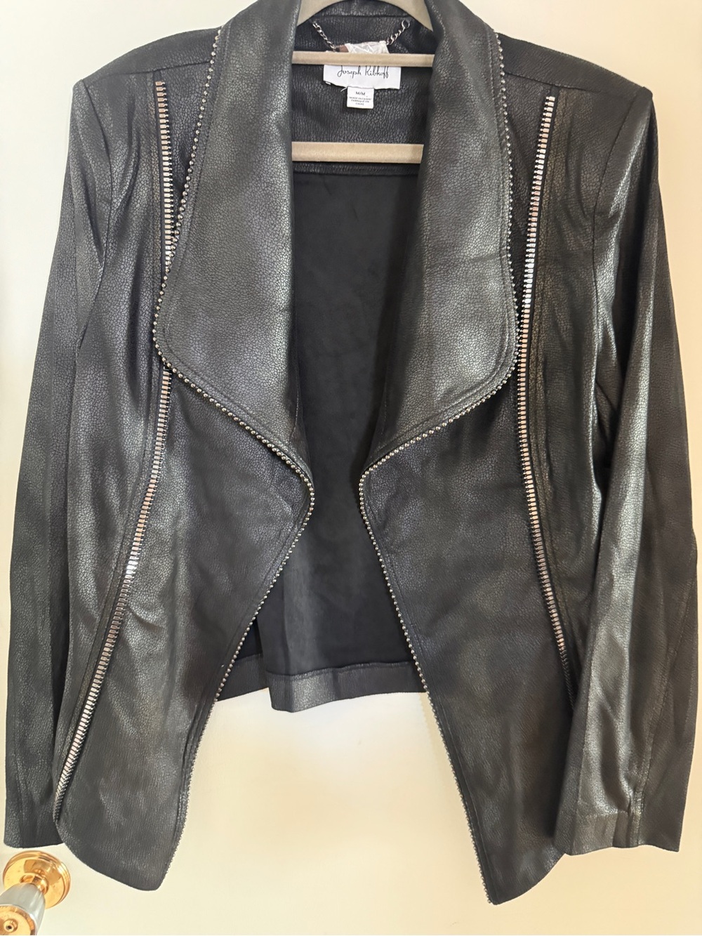 Joseph Ribkoff Black Faux Leather Waterfall Jacket Stud Trim M